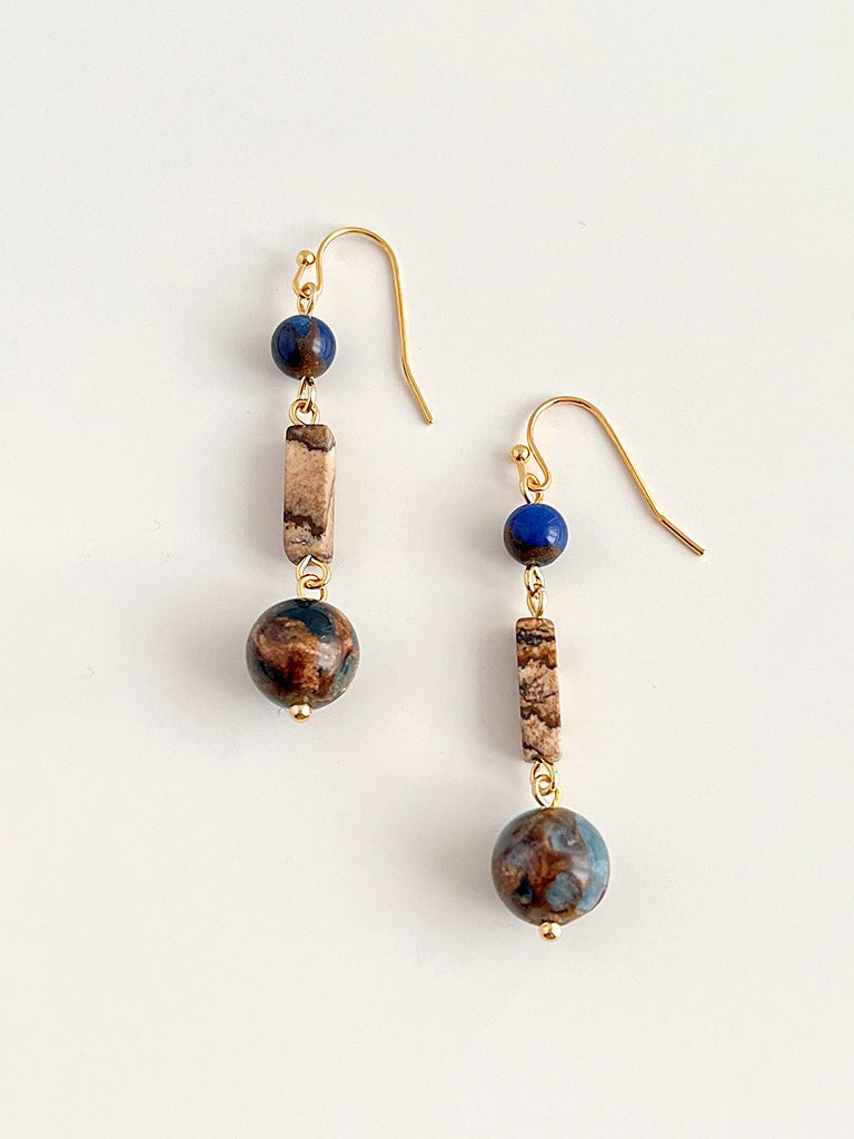 Blue and brown natural stone drop earrings with vintage quiet styling