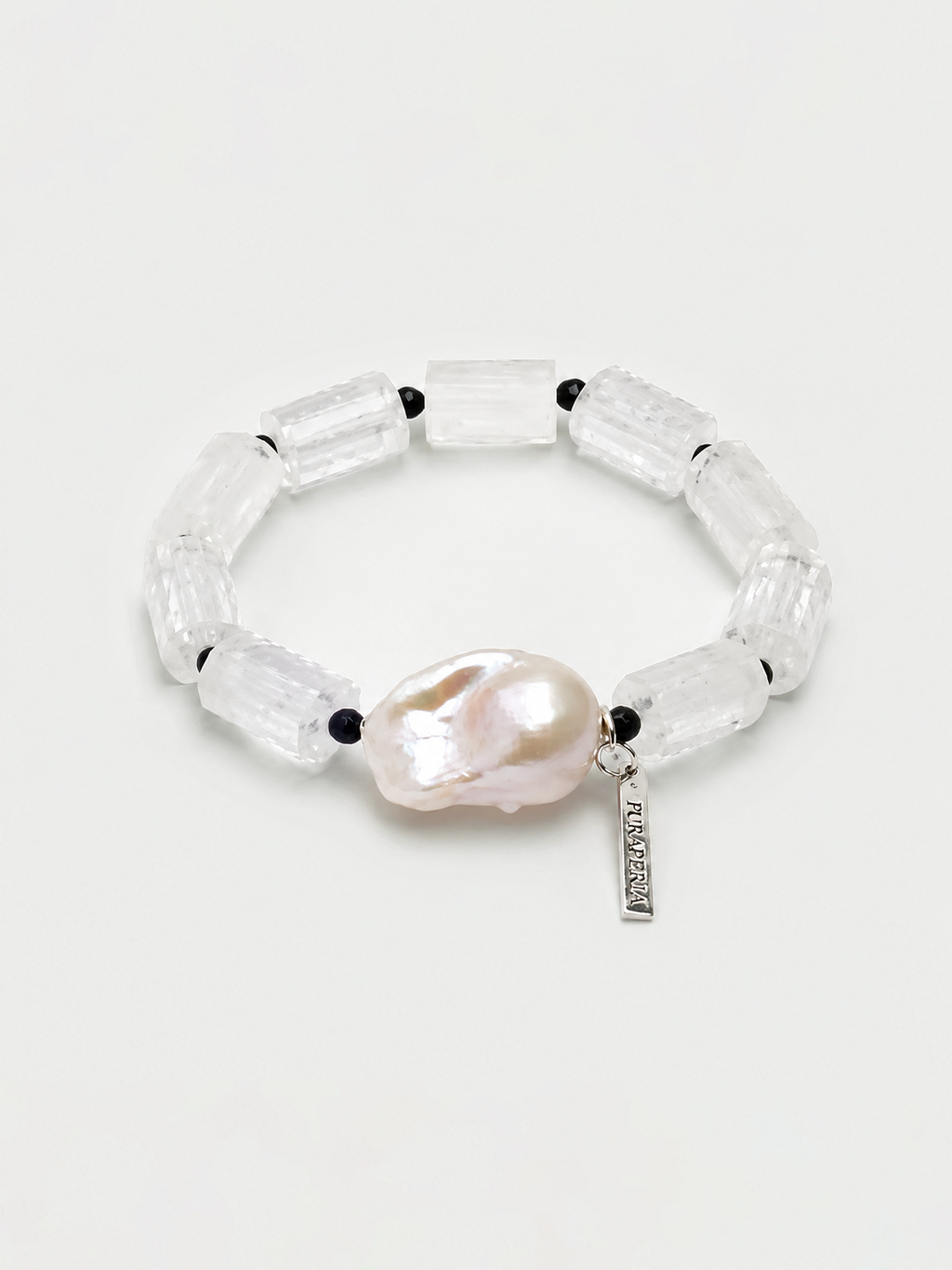 Clear quartz black tourmaline baroque pearl silver bracelet