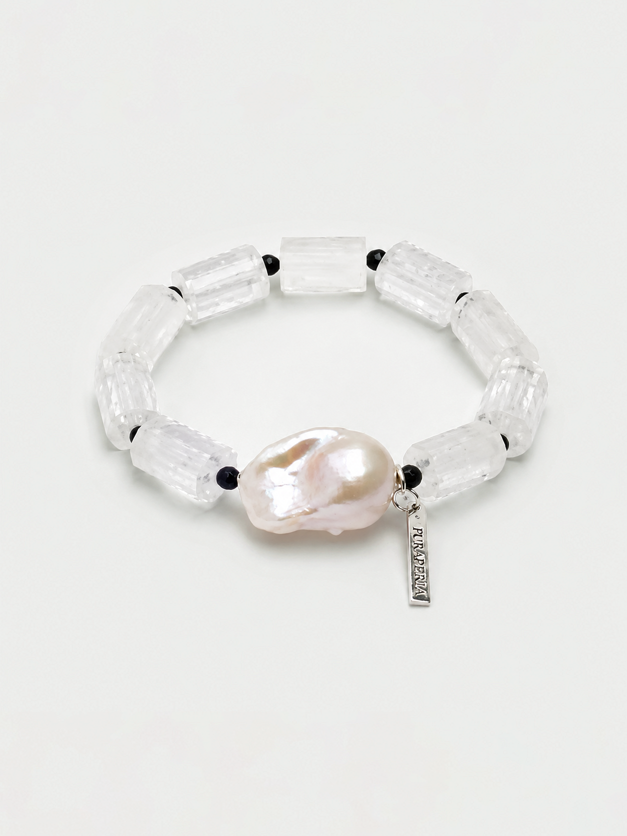Clear quartz black tourmaline baroque pearl silver bracelet