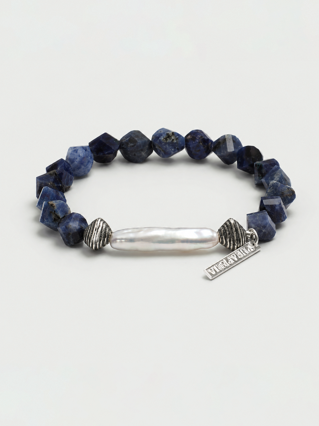 Blue lace agate freshwater pearl silver bracelet inspired by Himalayan sky tones
