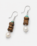 Turquoise agarwood silver earrings with blue green stones and wood texture
