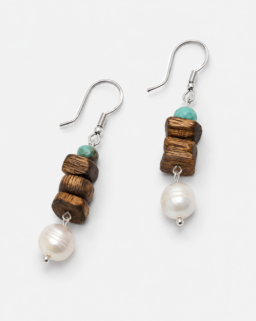 Turquoise agarwood silver earrings with blue green stones and wood texture