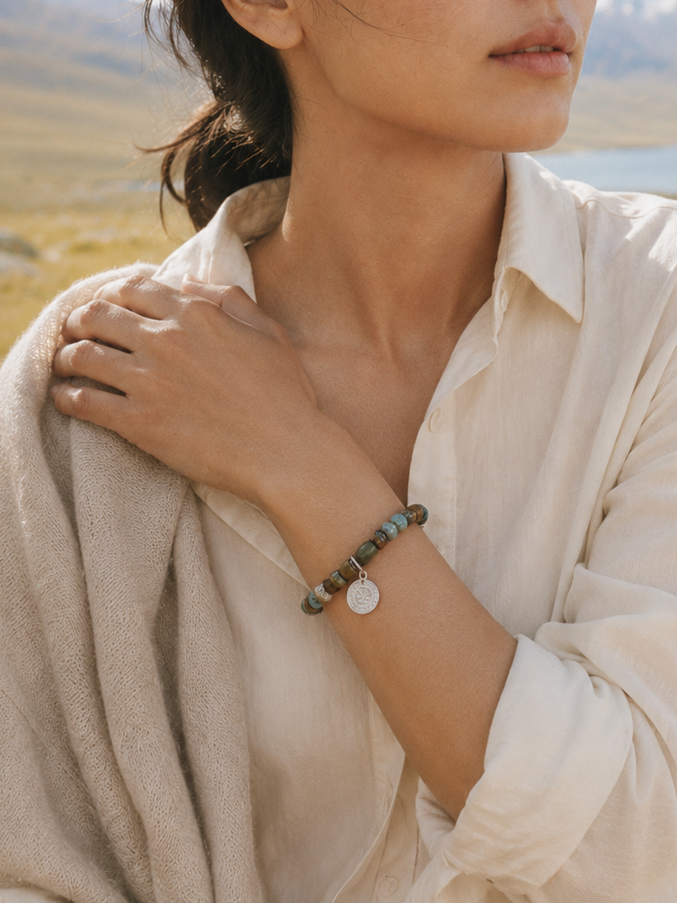 Turquoise tiger eye malachite bracelet lifestyle image with silver details