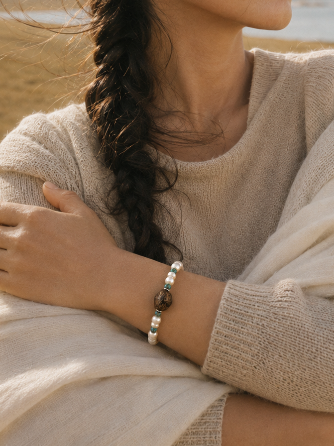 Turquoise pearl agarwood bracelet styled in natural light