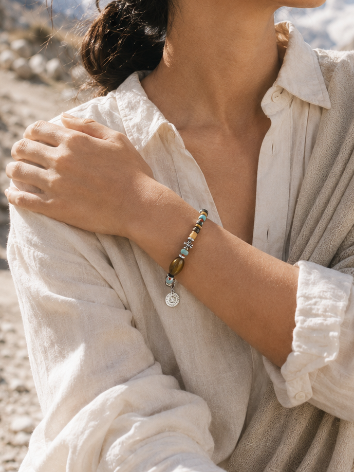 Tiger eye turquoise malachite bracelet lifestyle image for layered styling