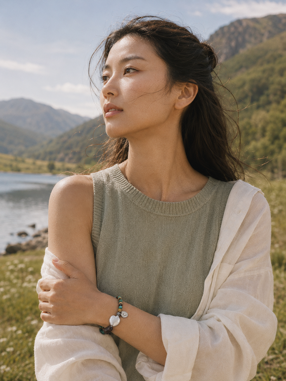 Malachite turquoise agarwood bracelet lifestyle image with natural textures