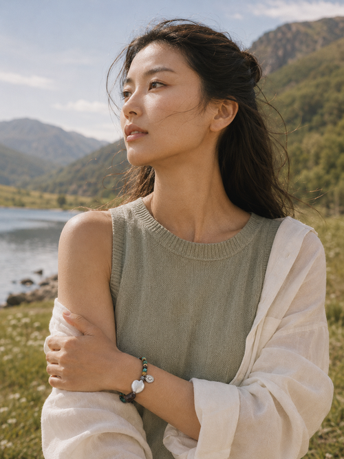 Malachite turquoise agarwood bracelet lifestyle image with natural textures