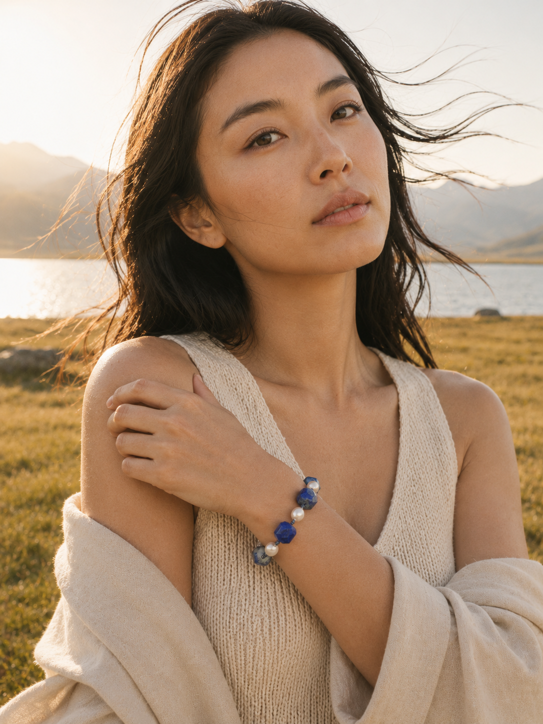 Lapis lazuli pearl silver bracelet styled with natural soft light
