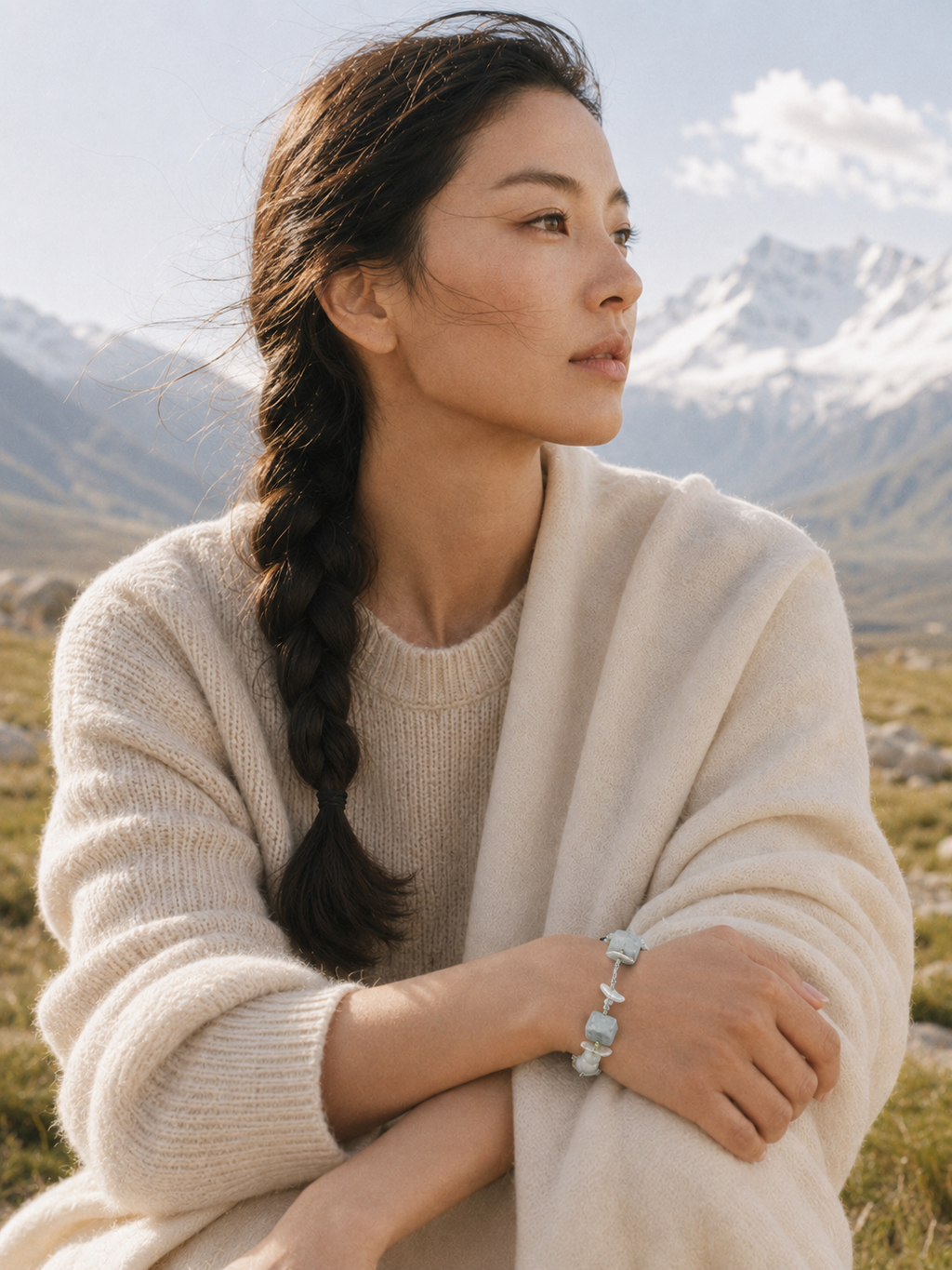 Amazonite pearl bracelet lifestyle image with calm blue green tones