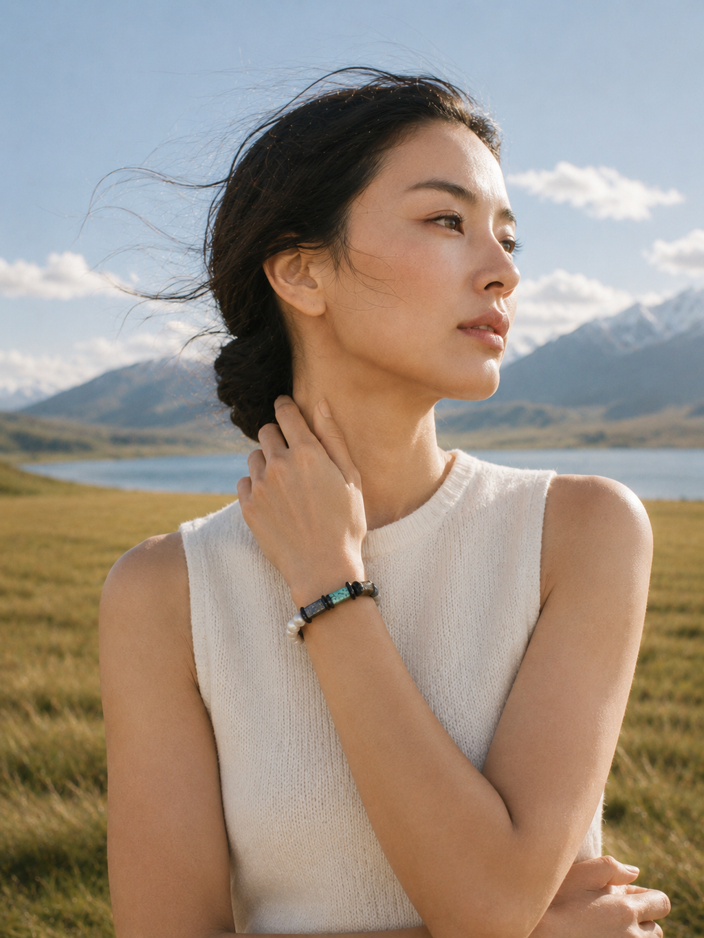 Azurite black tourmaline bracelet lifestyle image with pearl and silver details