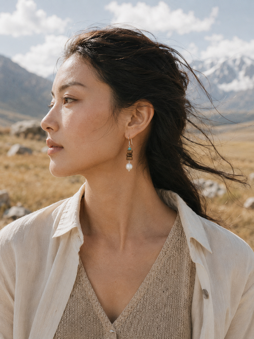 Turquoise agarwood earrings lifestyle image with natural quiet styling
