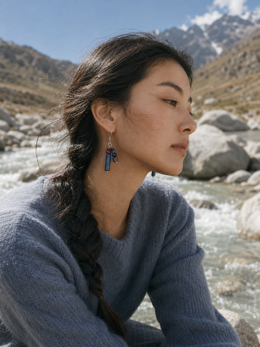 Lapis lazuli gemstone earrings lifestyle image with colorful silver details