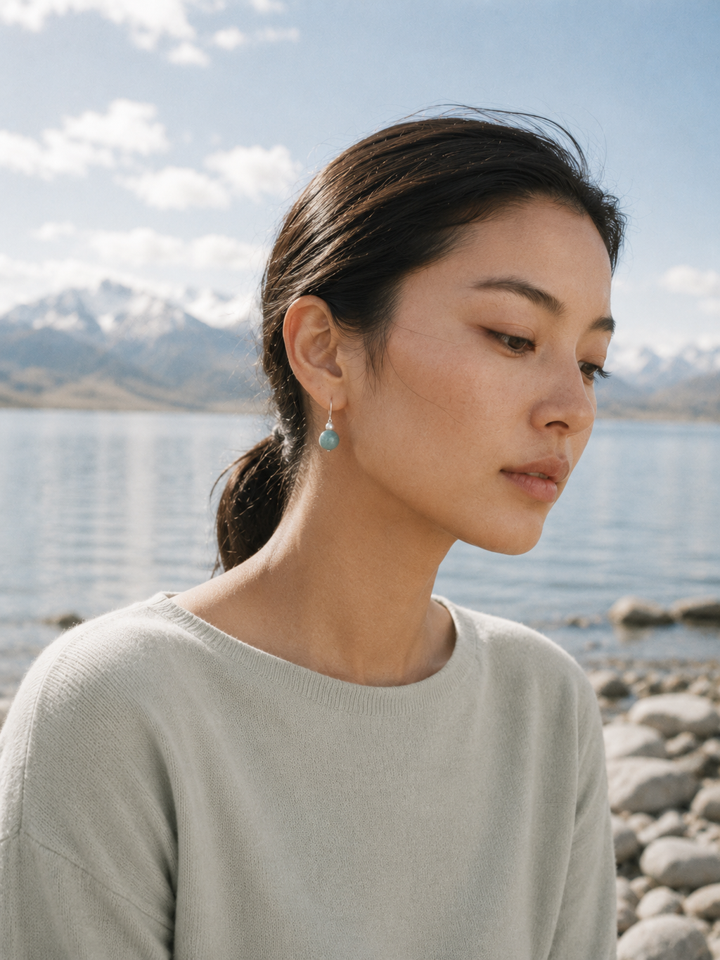Amazonite pearl drop earrings styled with light natural movement