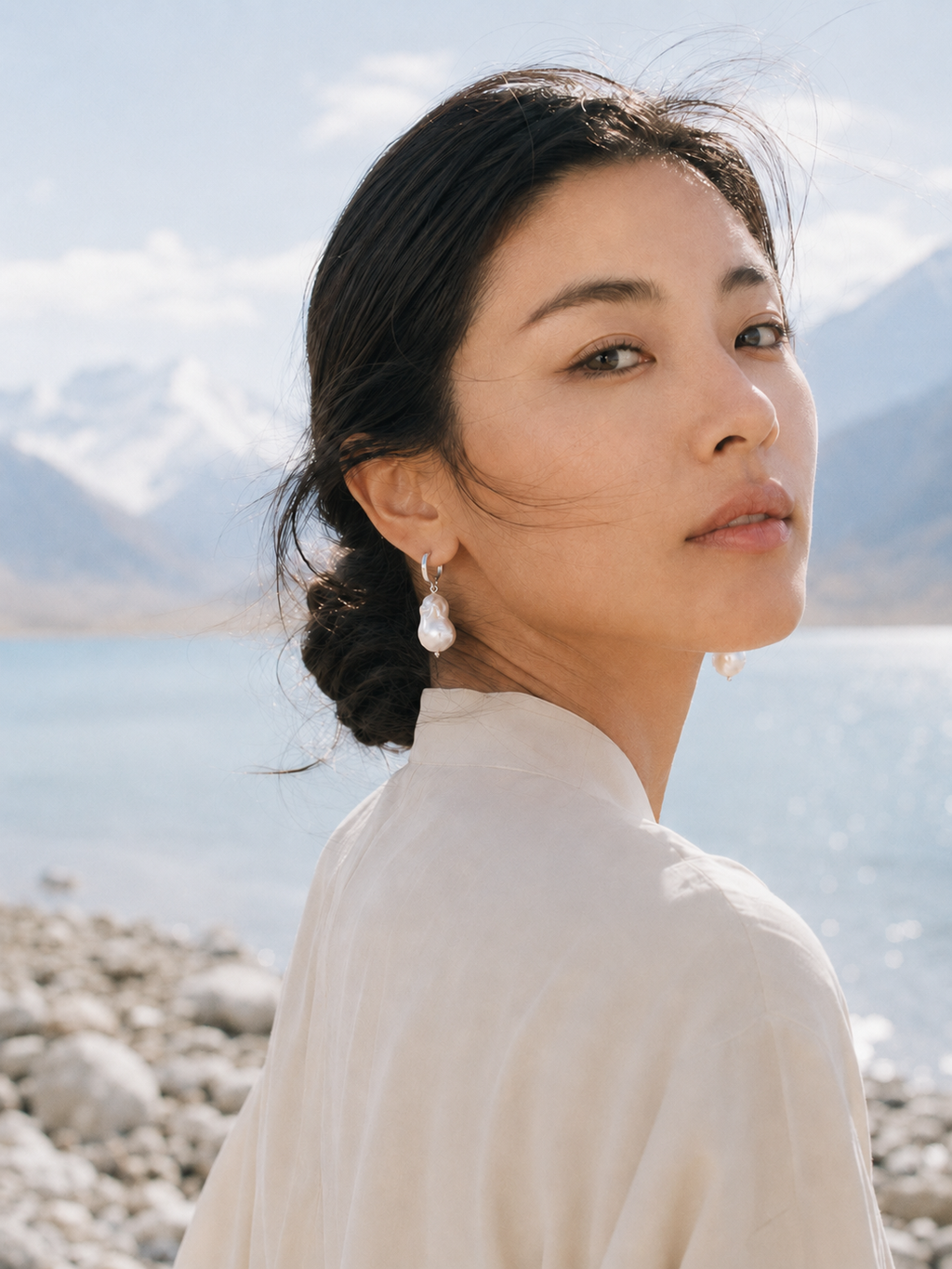 Baroque pearl silver drop earrings styled in soft outdoor light