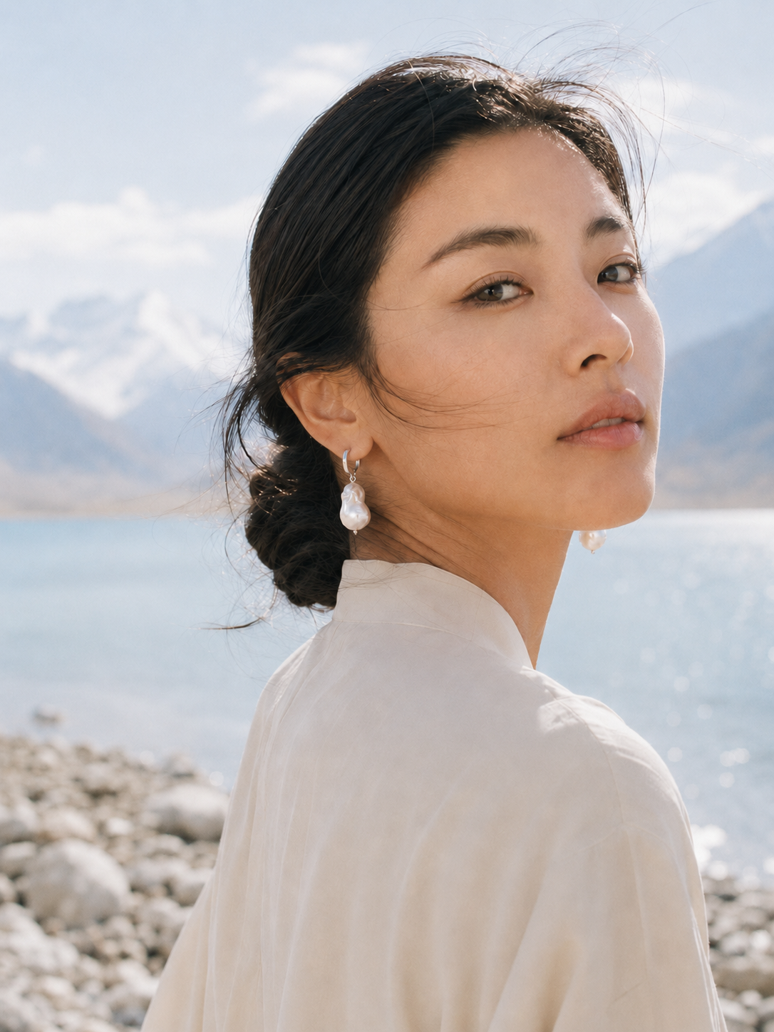 Baroque pearl silver drop earrings styled in soft outdoor light