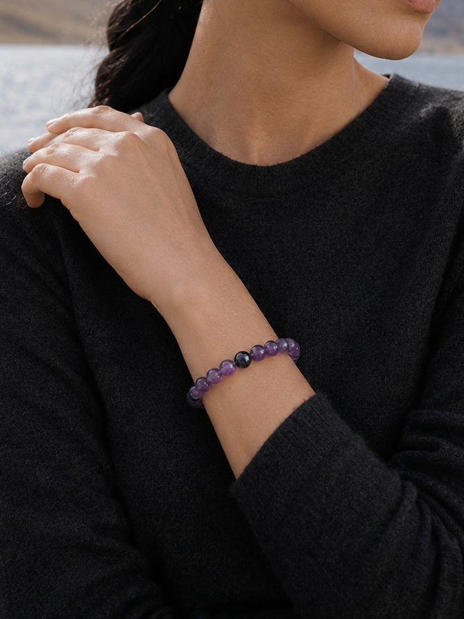 Amethyst black stone bracelet lifestyle image for calm crystal jewelry