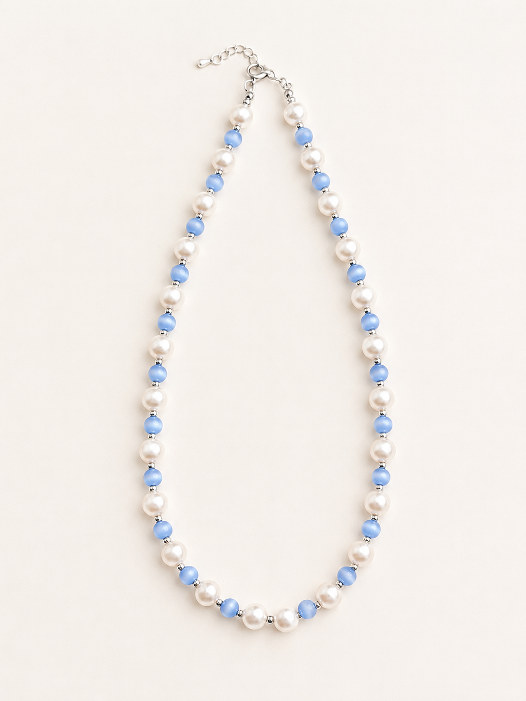 Blue cat eye stone and glass pearl short necklace