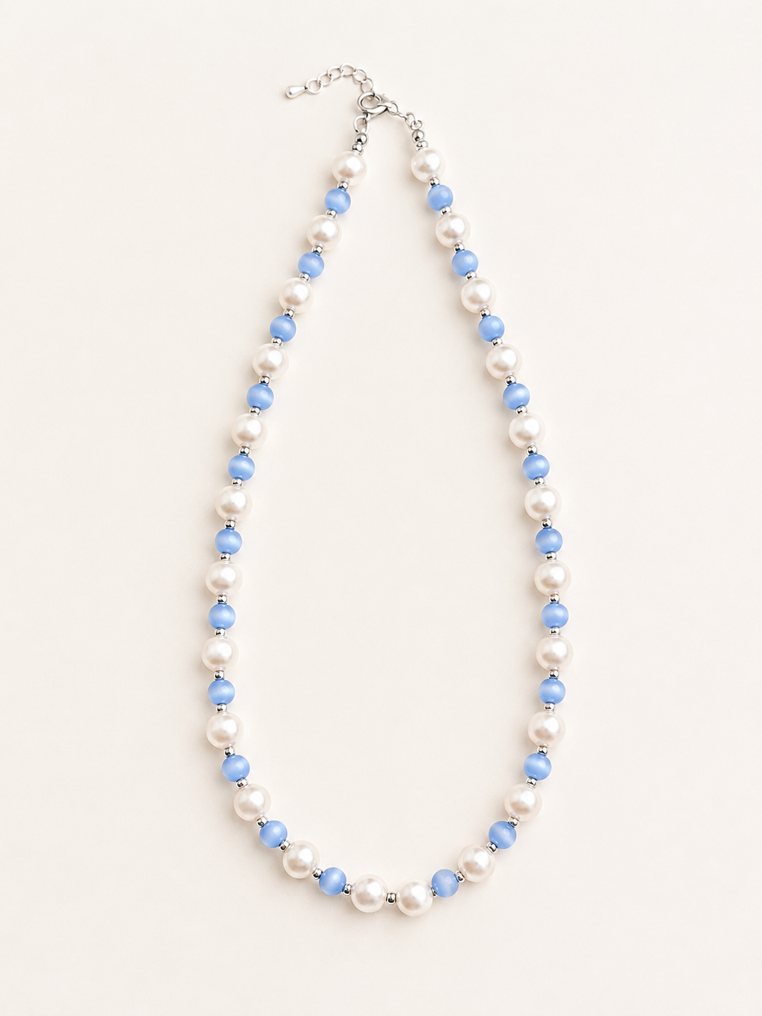 Blue cat eye stone and glass pearl short necklace
