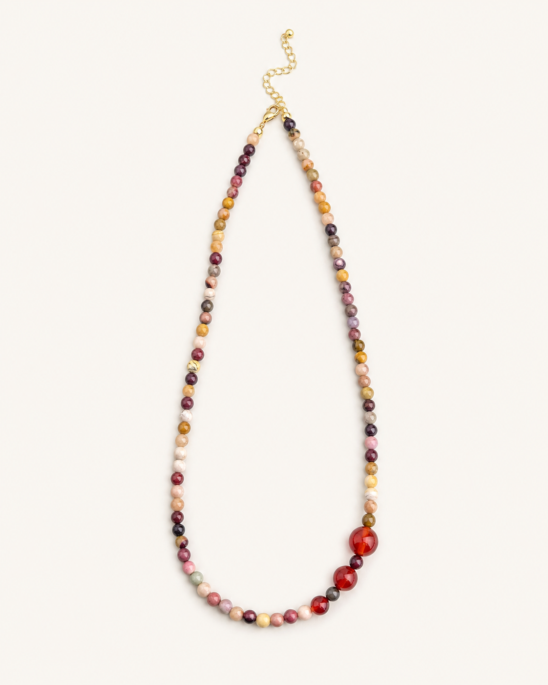 Red agate and yellow stone beaded short necklace with warm tones