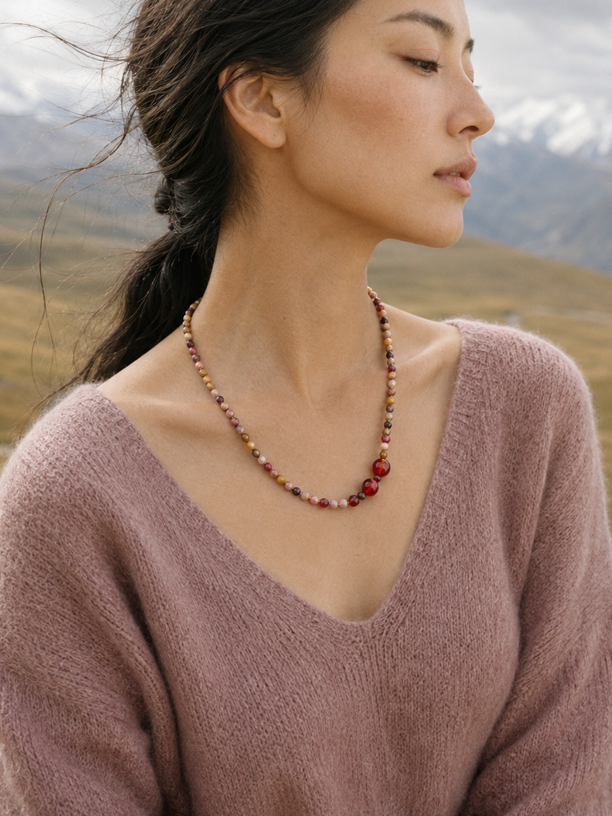 Warm red agate necklace lifestyle image for everyday layering