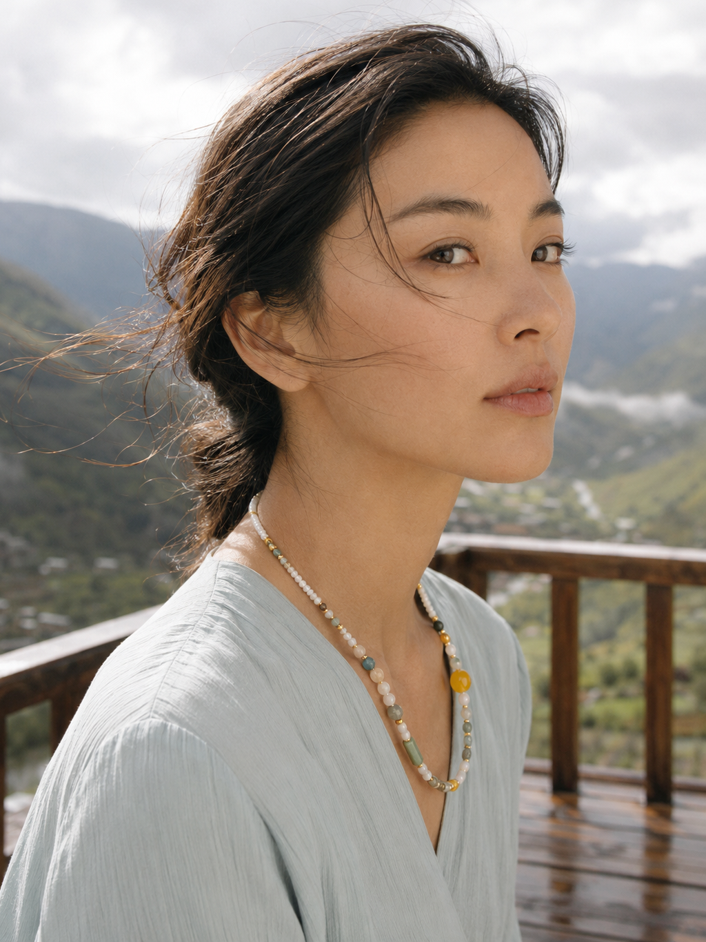 Green stone white bead necklace lifestyle image for summer layering