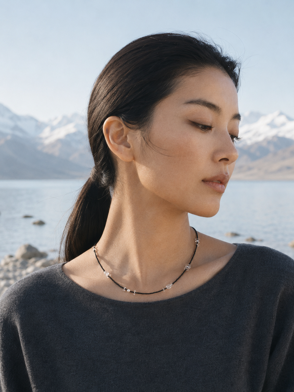Long black tourmaline clear quartz necklace styled with natural layers