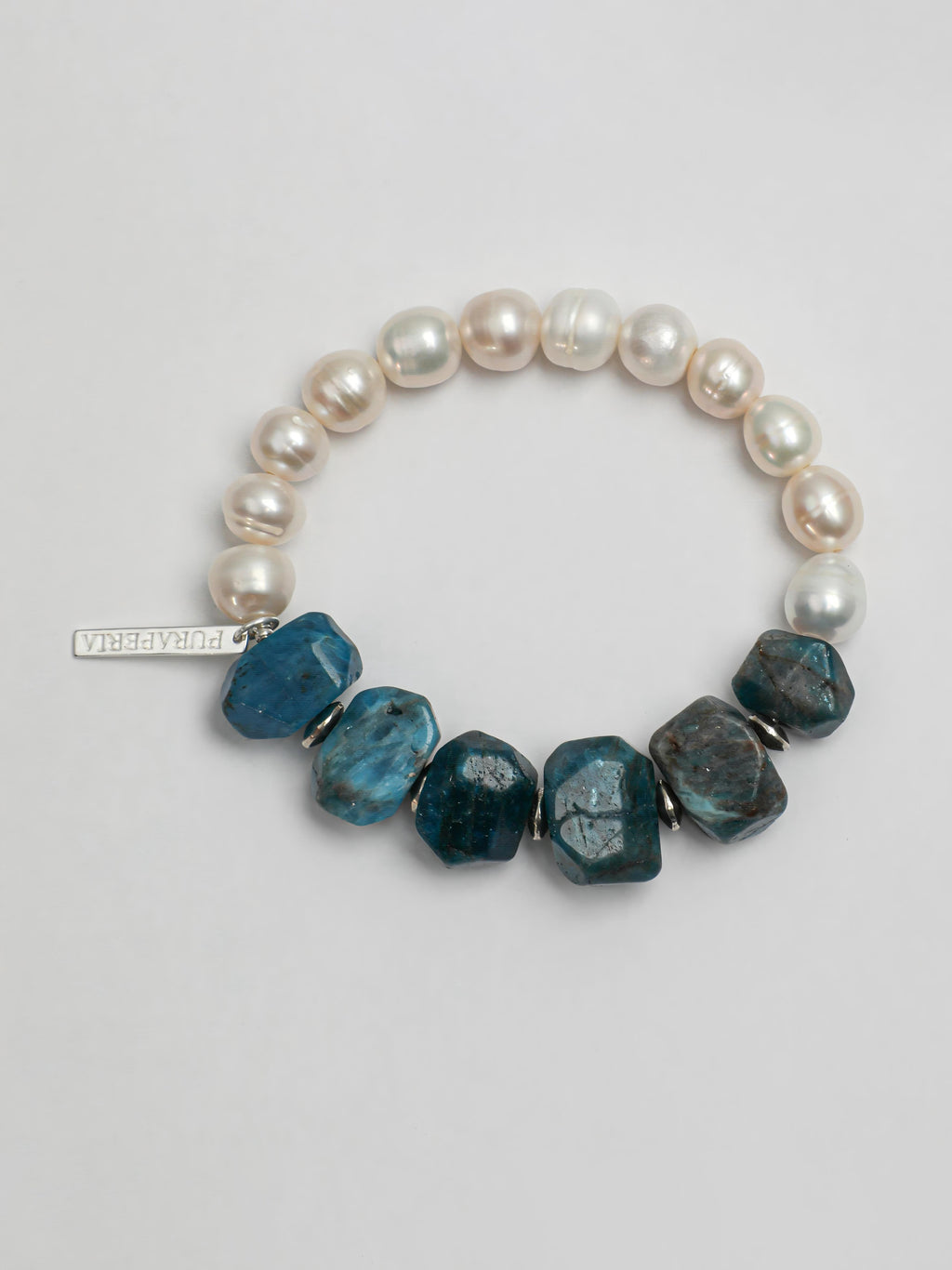 Blue apatite freshwater pearl silver bracelet with clear blue natural stones