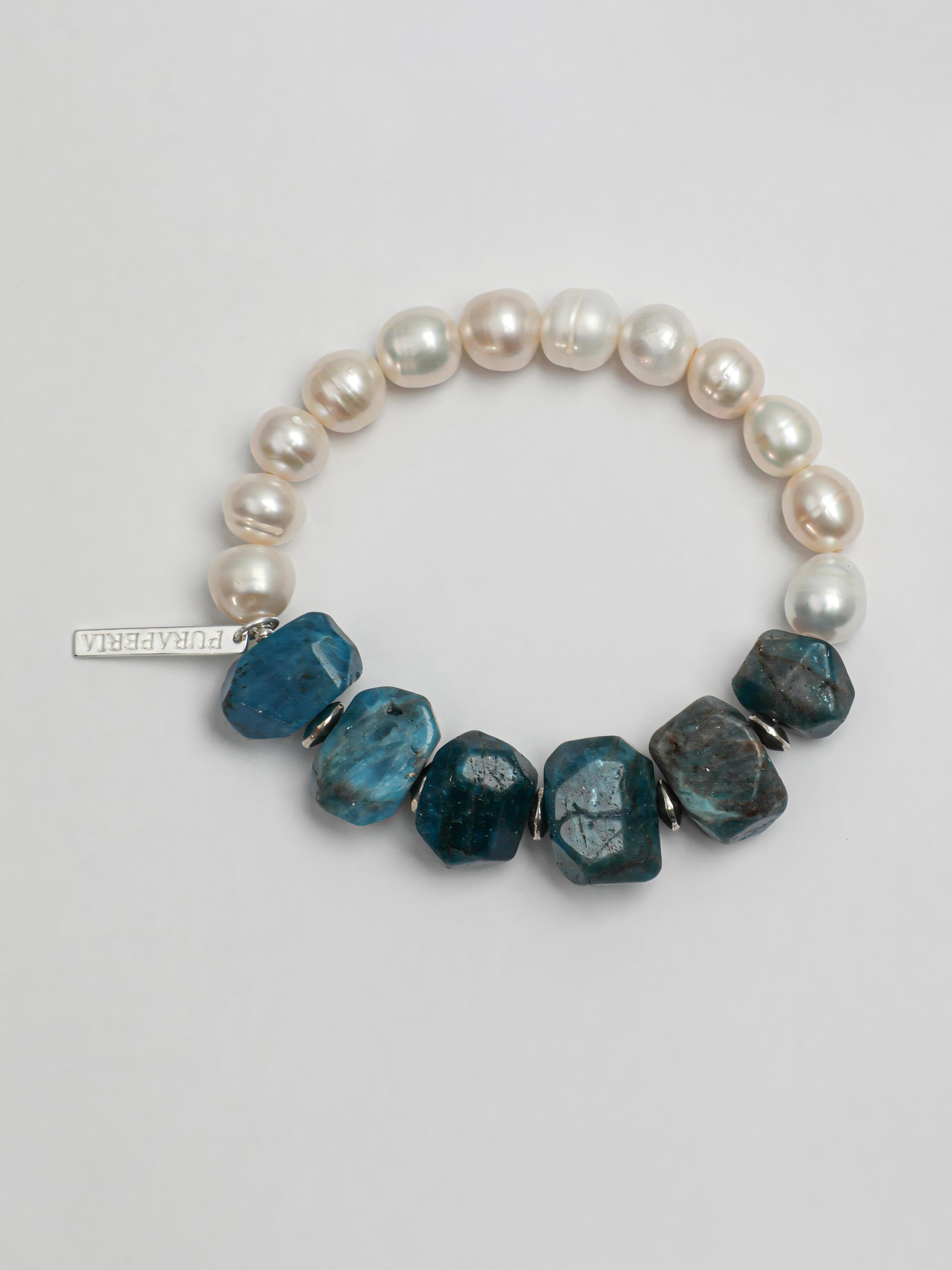 Blue apatite freshwater pearl silver bracelet with clear blue natural stones