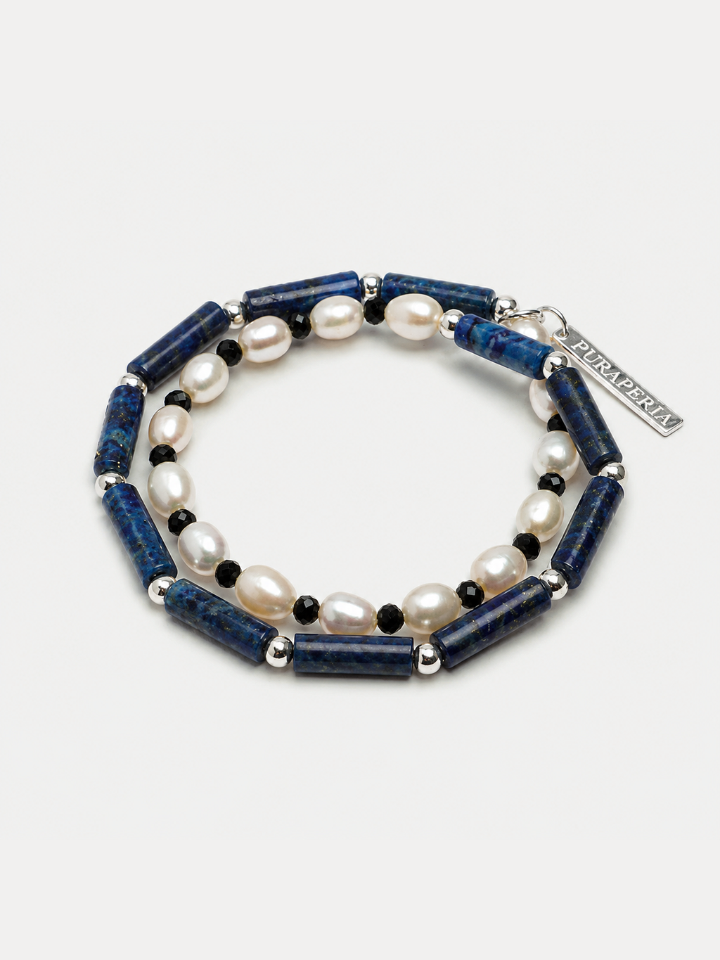 Lapis lazuli black tourmaline pearl silver wrap bracelet with deep blue stones