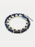 Lapis lazuli black tourmaline pearl silver wrap bracelet with deep blue stones