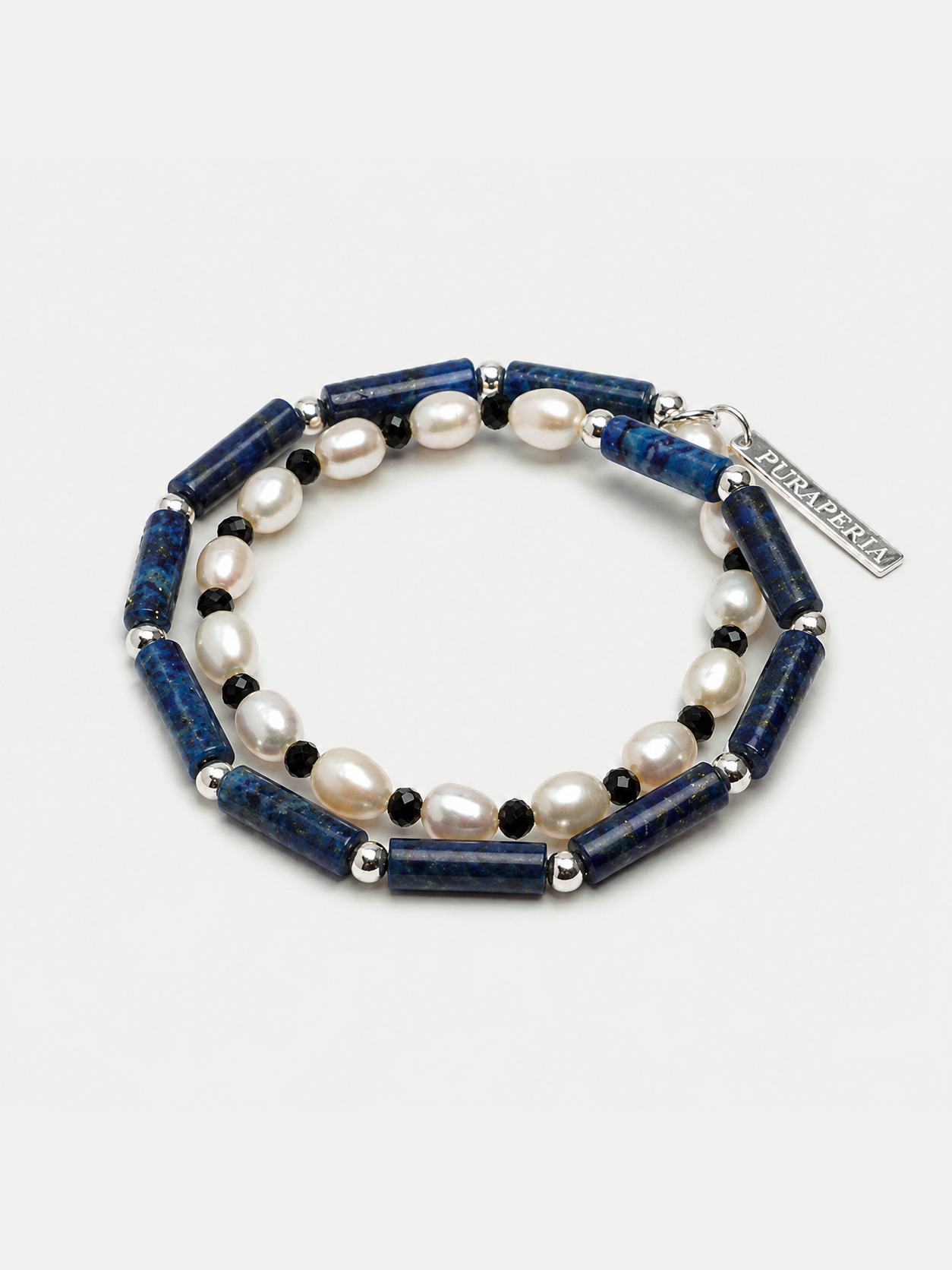 Lapis lazuli black tourmaline pearl silver wrap bracelet with deep blue stones