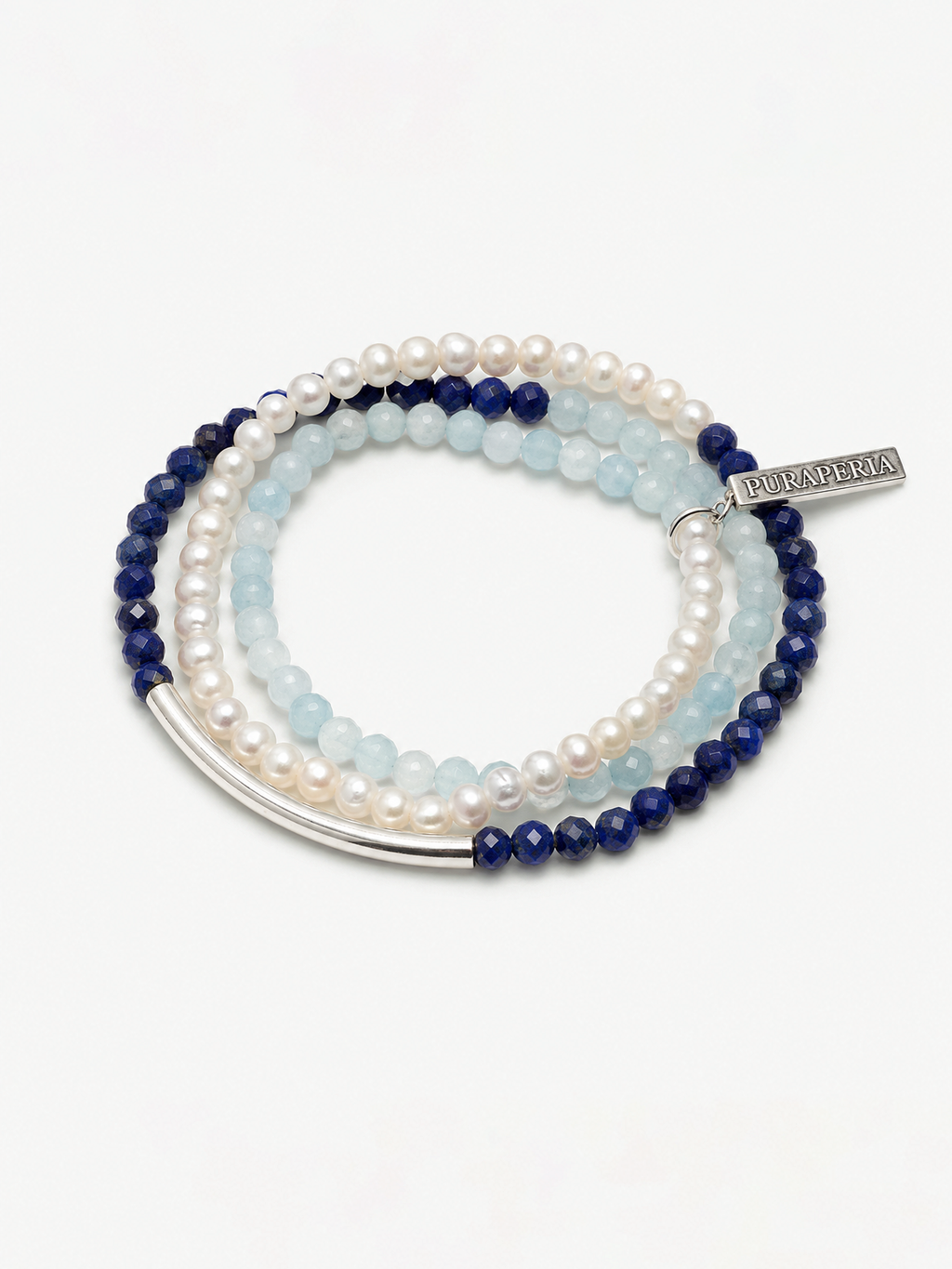 Aquamarine lapis lazuli freshwater pearl silver wrap bracelet