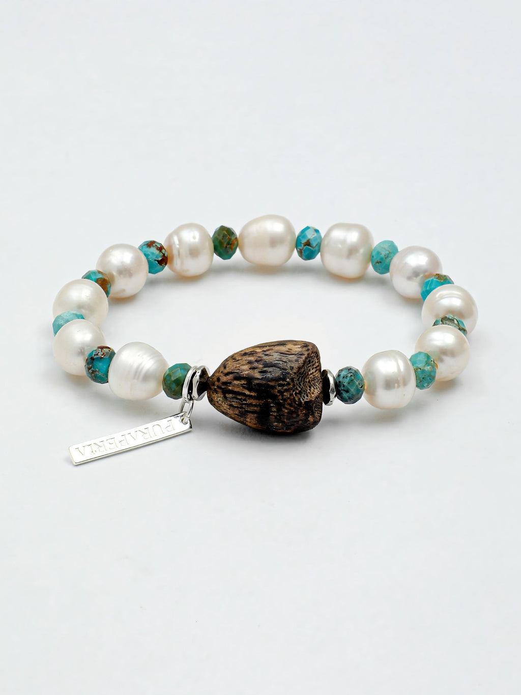 Turquoise freshwater pearl agarwood silver bracelet by Kasa Himalaya