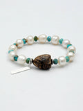 Turquoise freshwater pearl agarwood silver bracelet by Kasa Himalaya