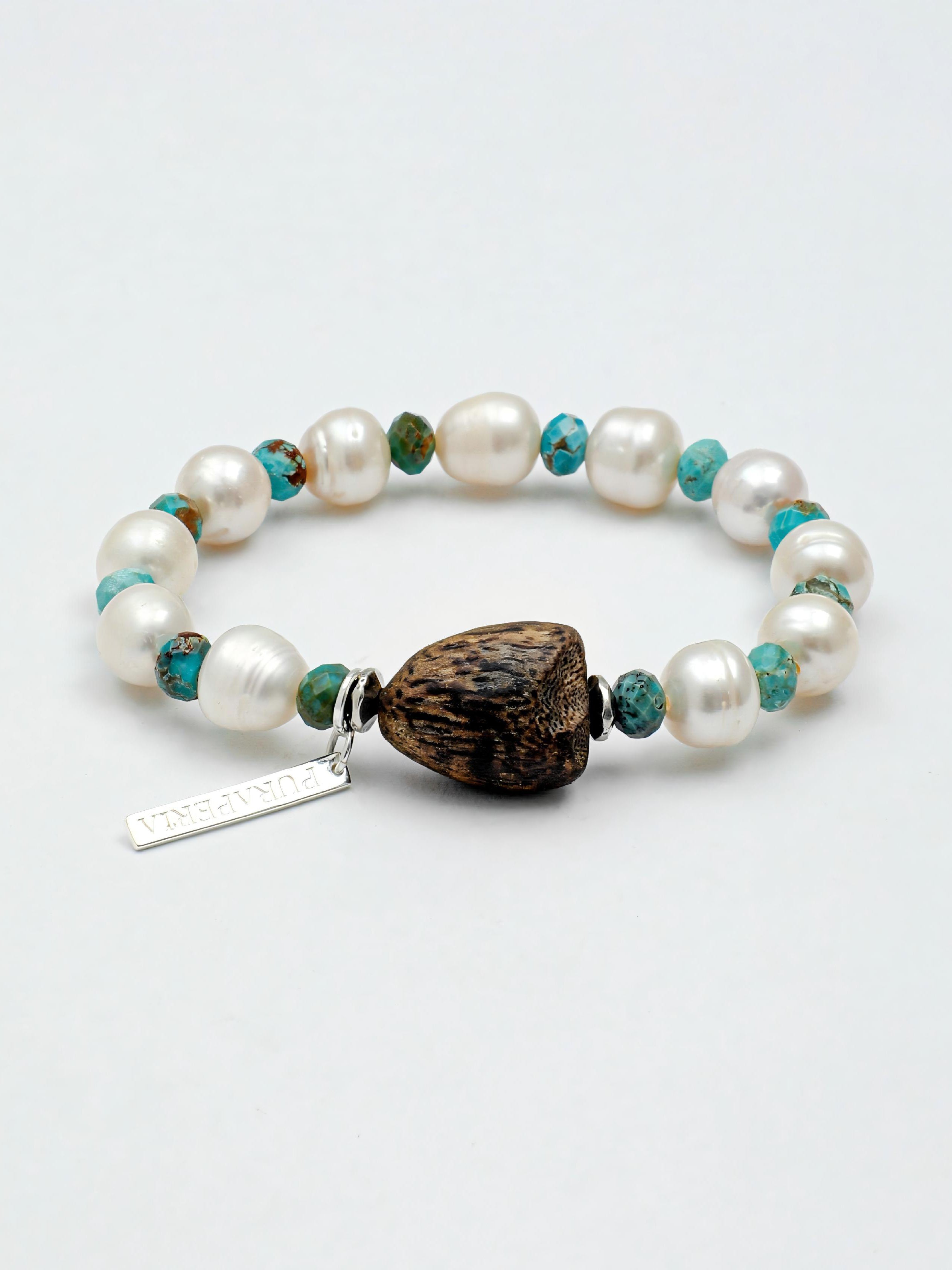 Turquoise freshwater pearl agarwood silver bracelet by Kasa Himalaya