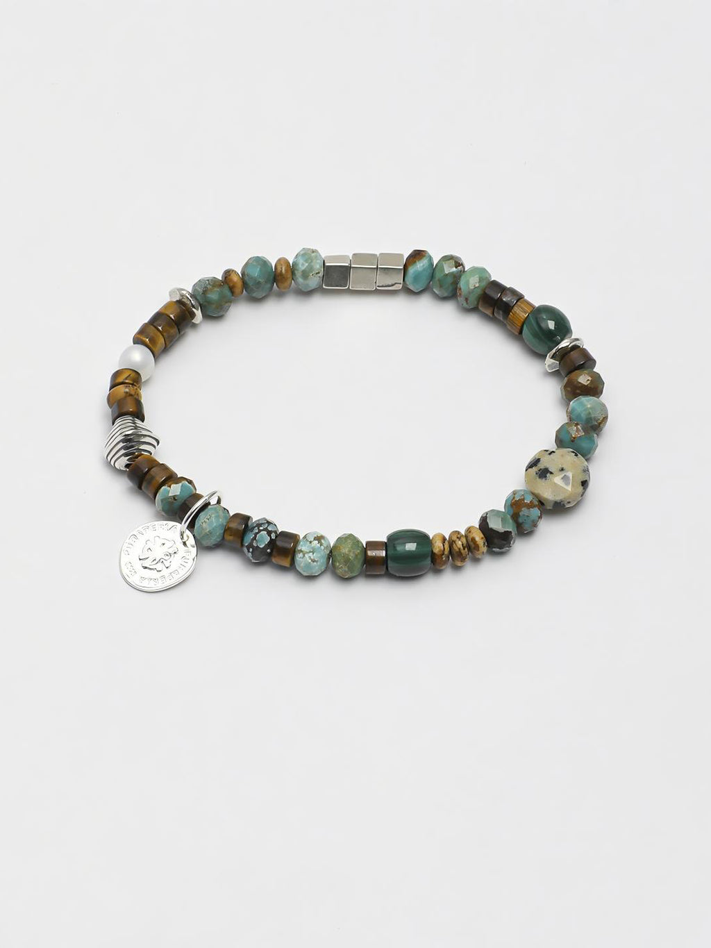 Turquoise tiger eye malachite silver bracelet with blue green stones