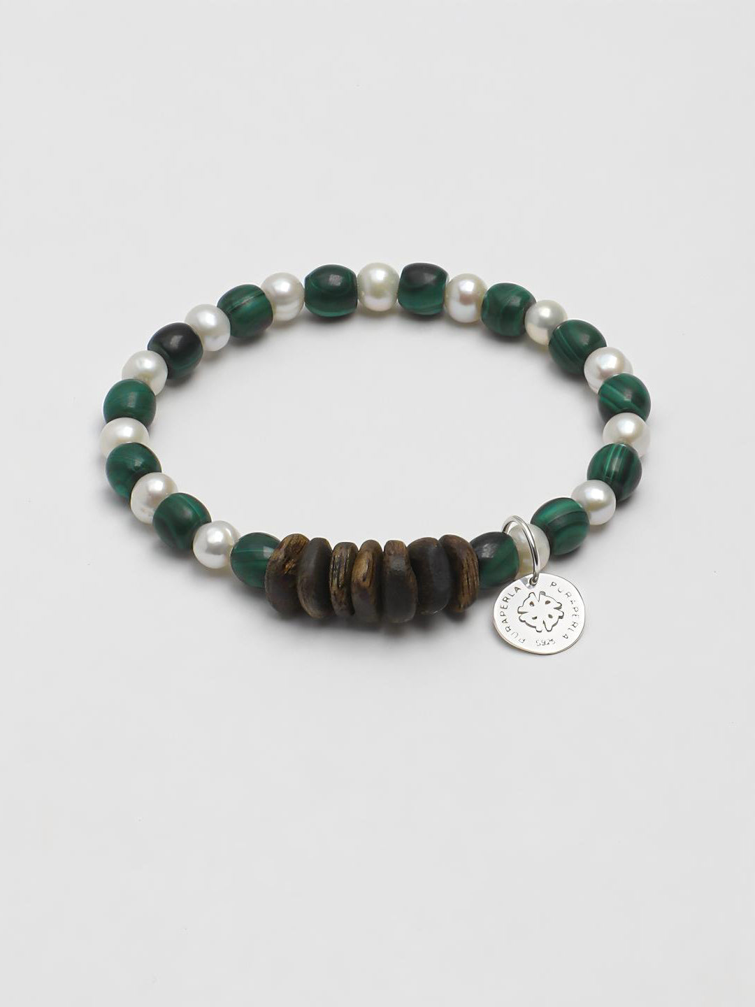 Malachite agarwood silver bracelet with green stone and wood beads