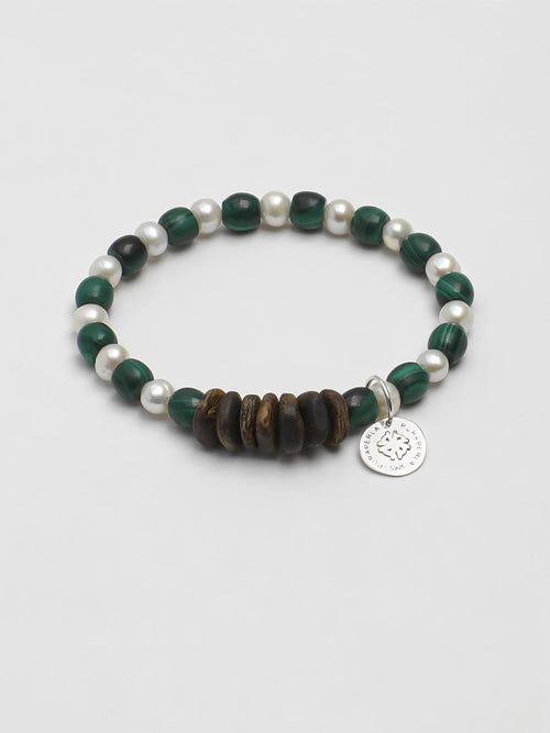 Malachite agarwood silver bracelet with green stone and wood beads