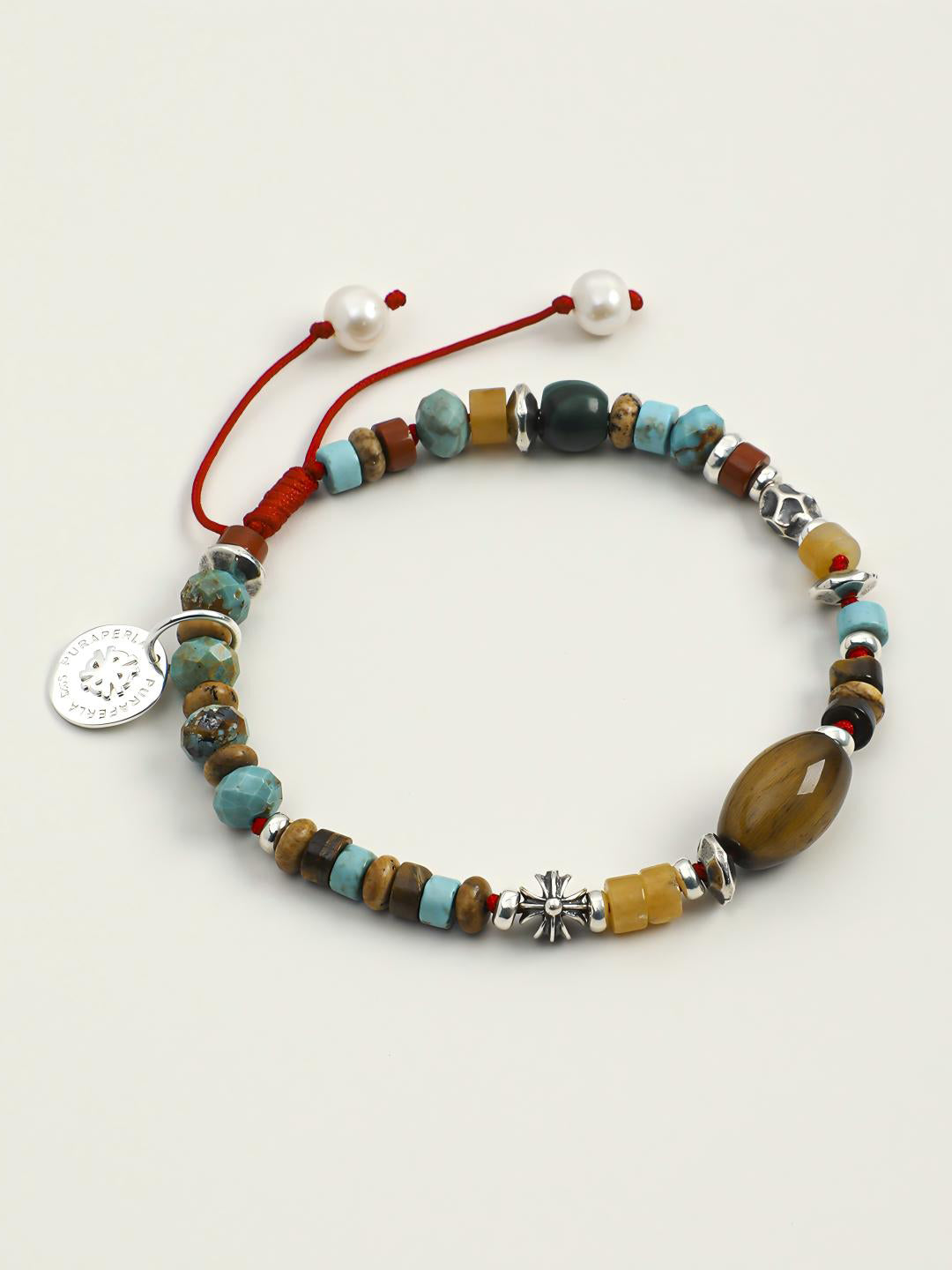Tiger eye turquoise malachite silver bracelet with earth tone stones