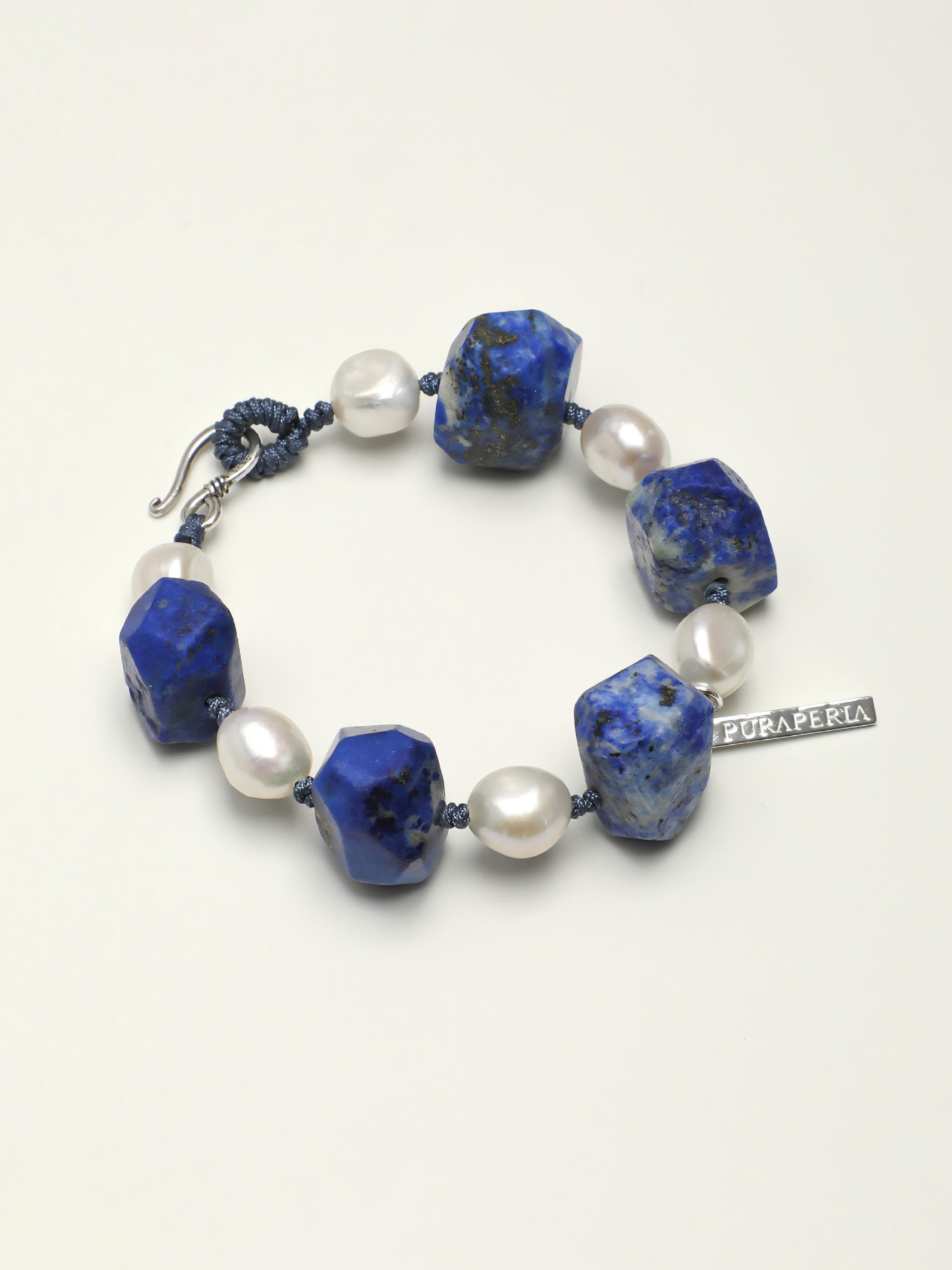 Lapis lazuli baroque pearl silver bracelet inspired by Himalayan deep blue tones