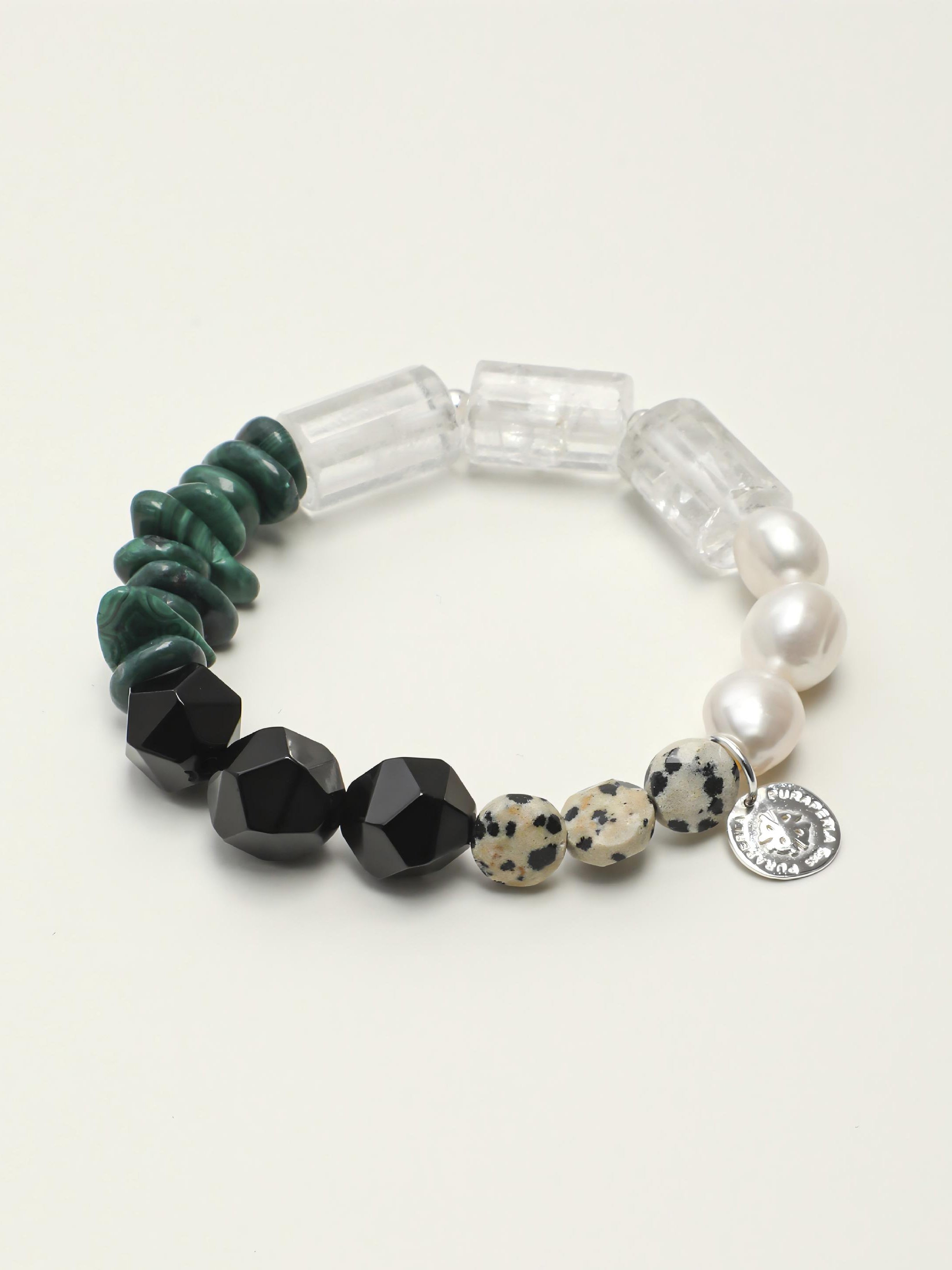 Malachite black onyx pearl silver bracelet with green and black stones