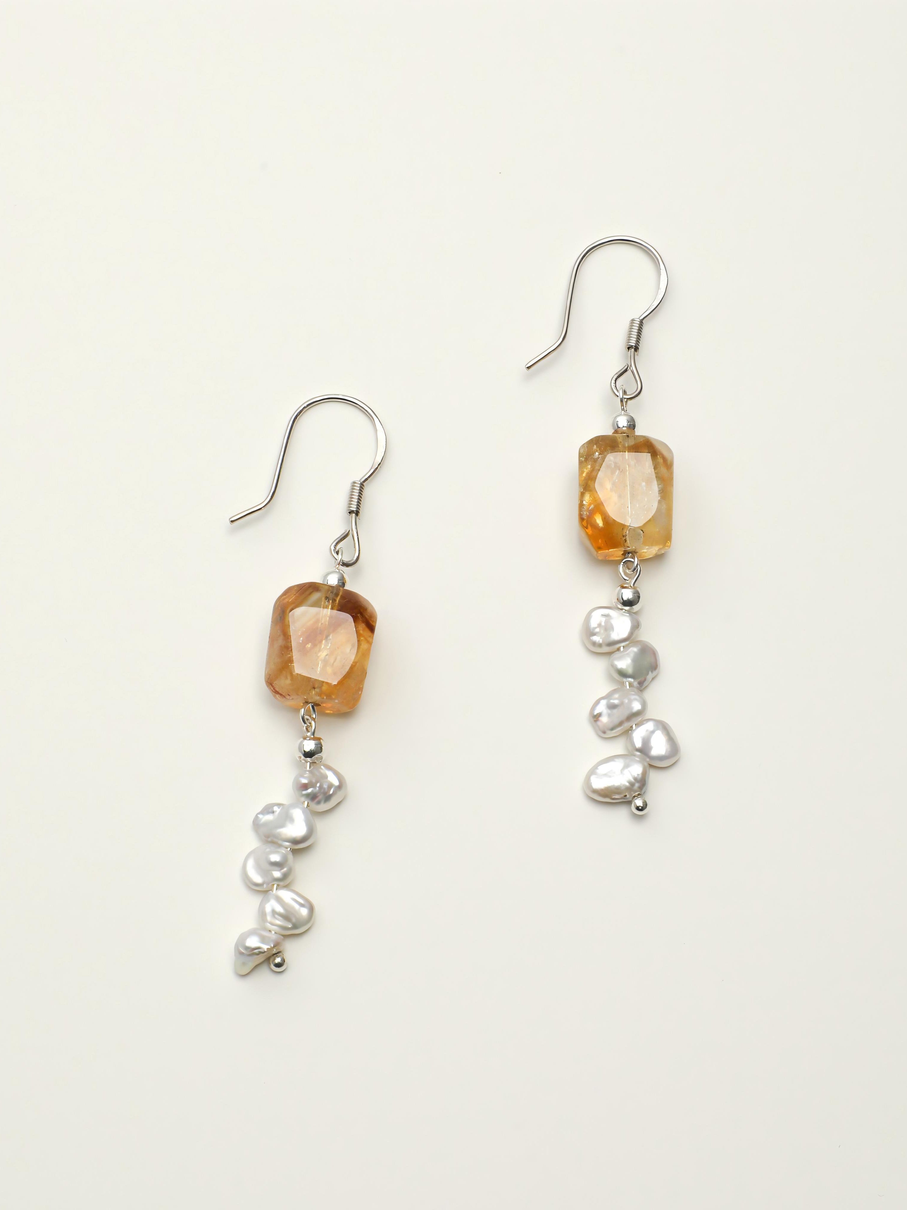Citrine baroque pearl silver drop earrings with warm yellow stone