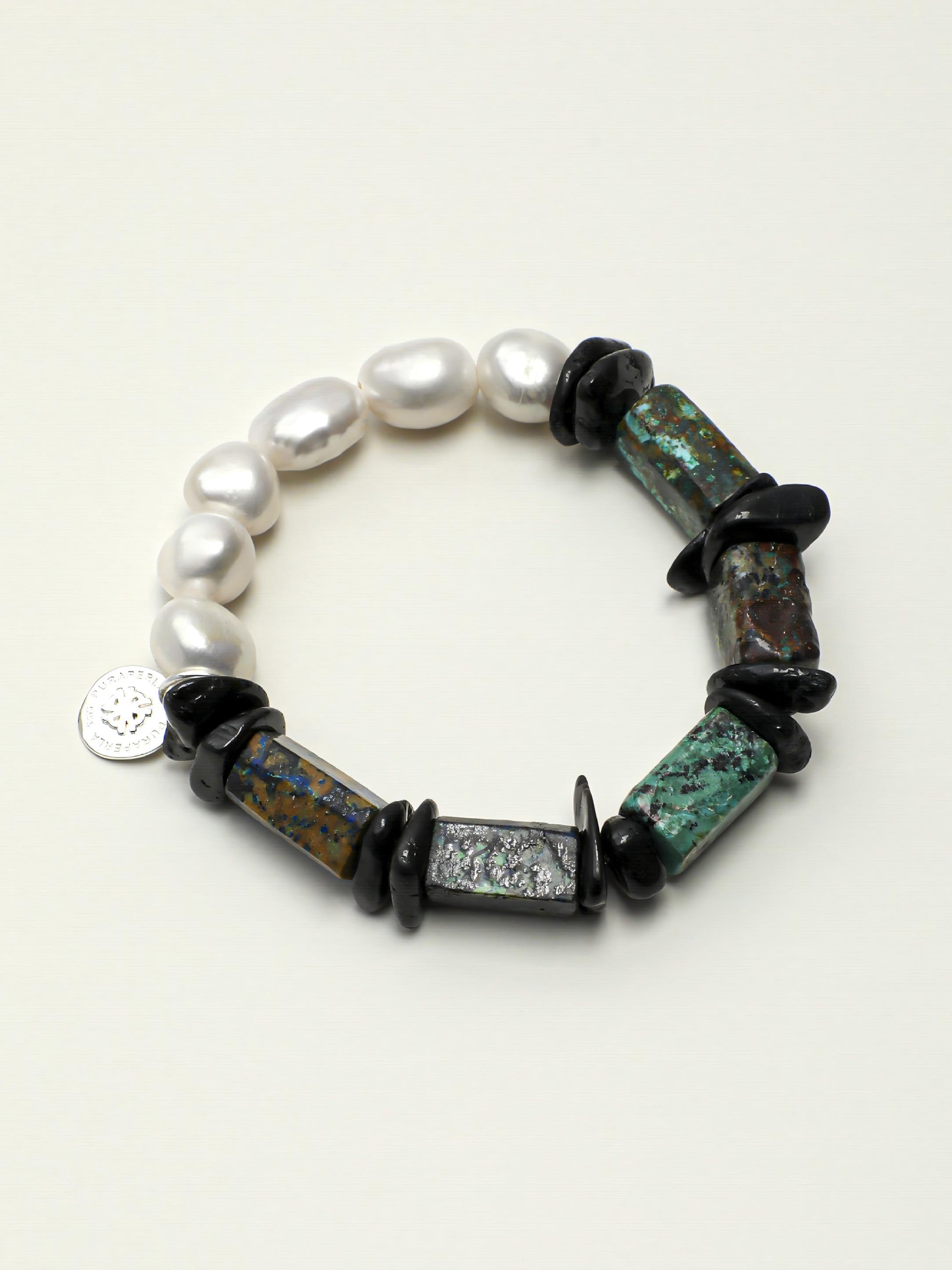 Azurite black tourmaline pearl silver bracelet with deep blue stones