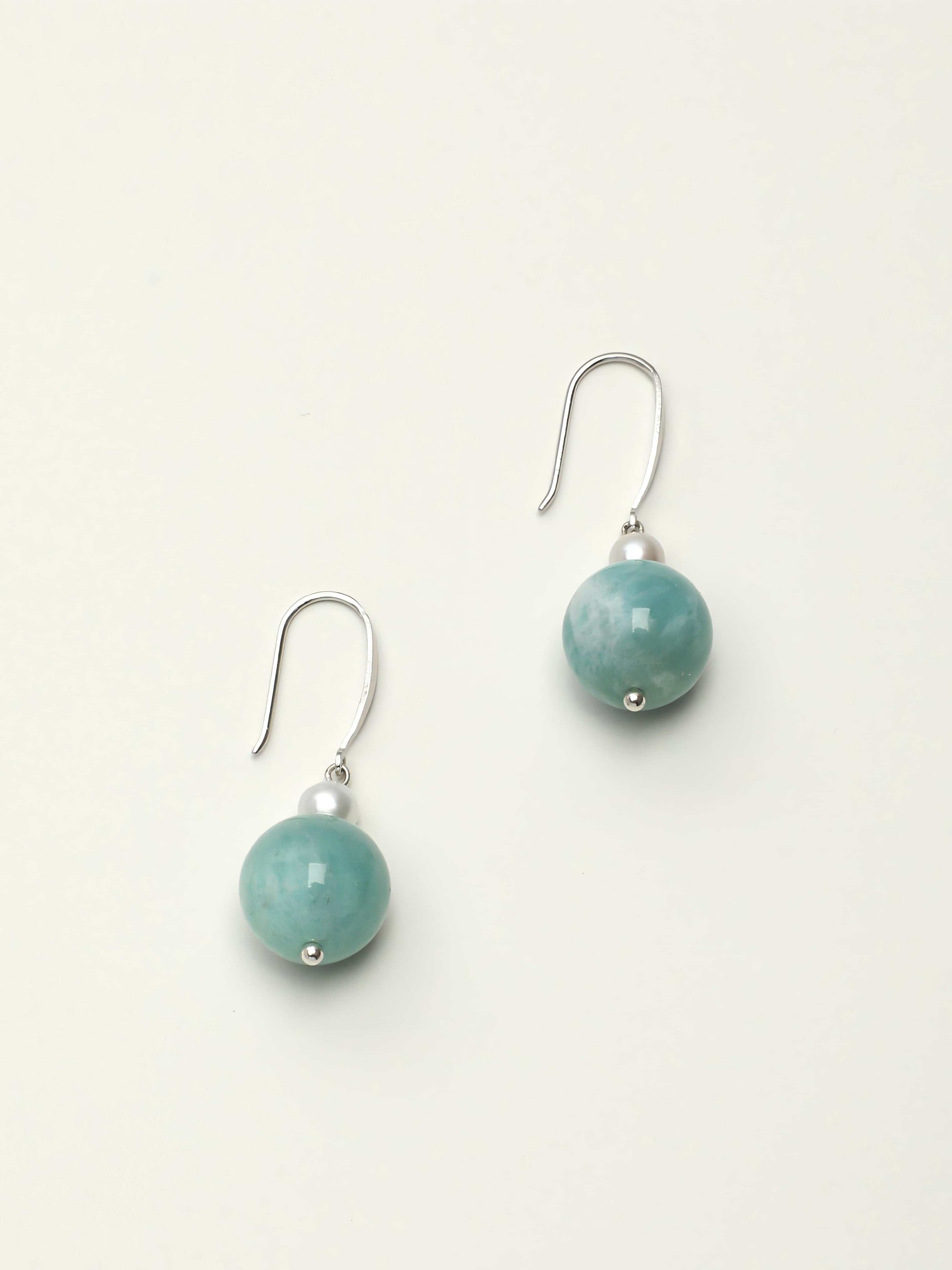 Amazonite pearl silver drop earrings with soft blue green tones