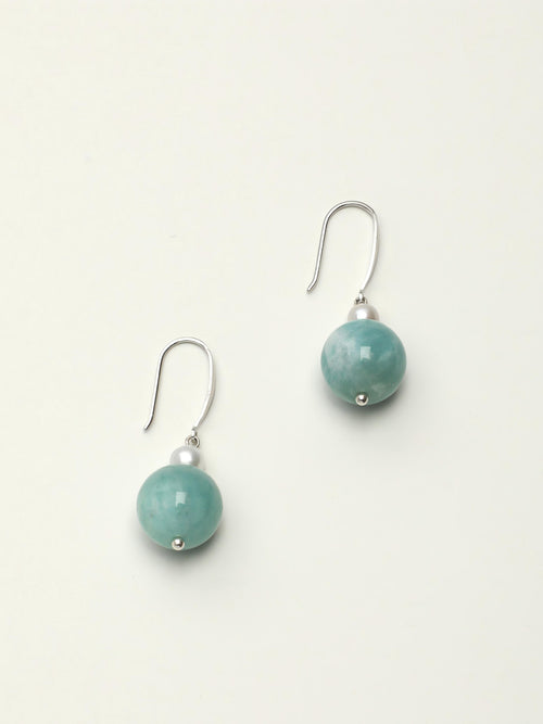 Amazonite pearl silver drop earrings with soft blue green tones